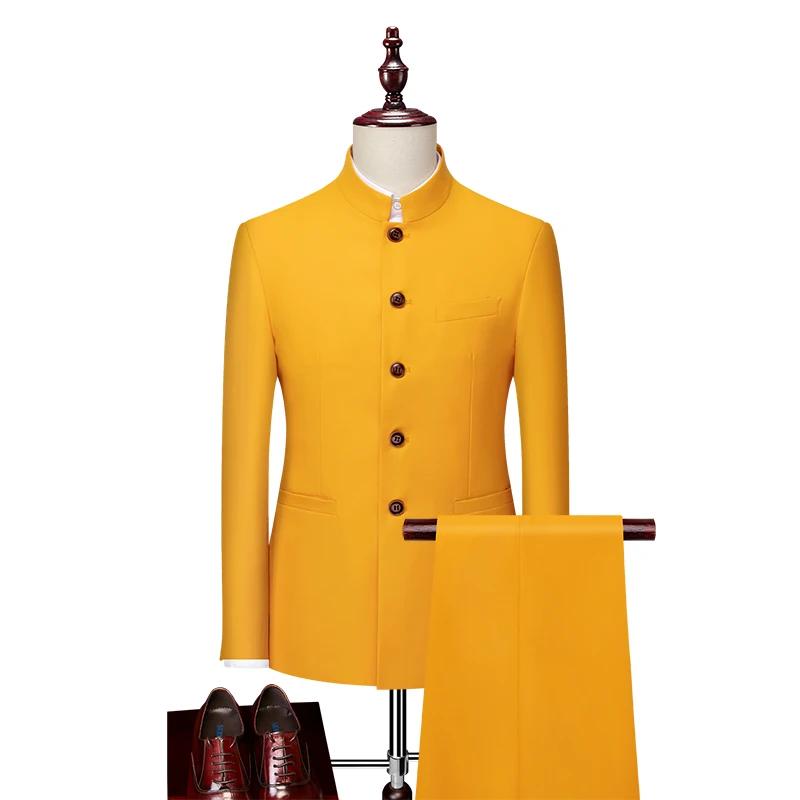 Zhongshan – costume d'affaires décontracté pour hommes, élégant, col montant, ensemble deux pièces, 