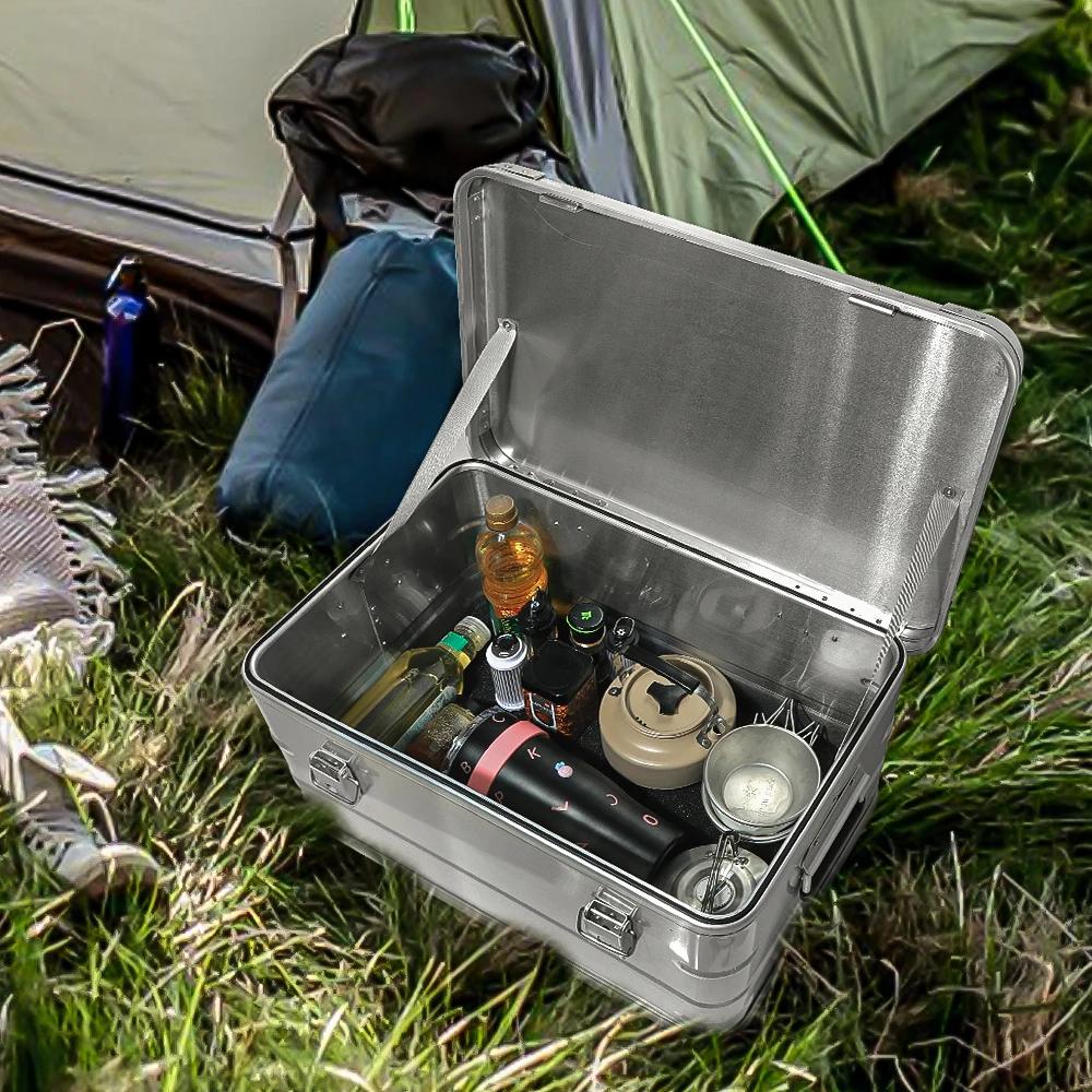 Boîte de rangement extérieure 60-80L en alliage d'aluminium - Grande capacité pour camping et voyage - Étanche et robuste