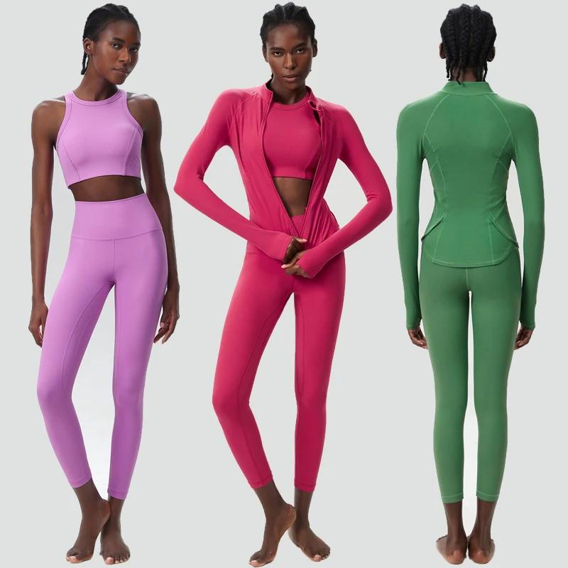 Ensemble yoga 3 pièces femme couleur unie côtelé - Combinaison manches longues respirante pour gymnastique et running