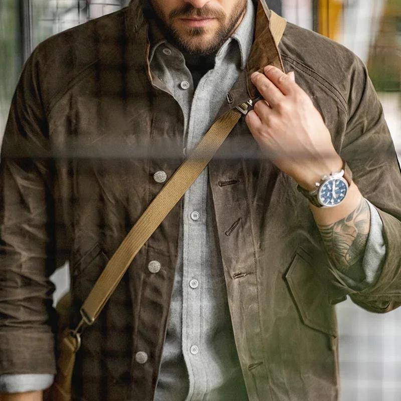 Maden veste vintage à col montant en toile cirée coupe-vent, veste homme unie classique de chasse, p