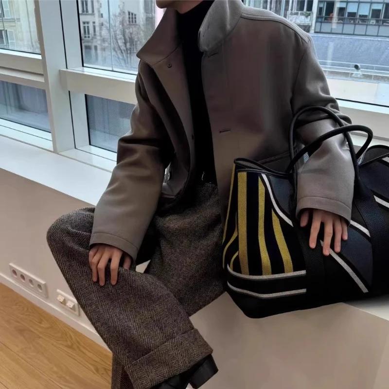 Sac fourre-tout de luxe en toile rayée avec bordure en cuir et poignées roulées, grand sac de course