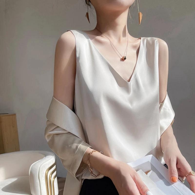 Gilet en Satin avec Bretelles en Soie Solide pour Femme, Pull-over Sauvage, Intérieur, Avant ou Arri