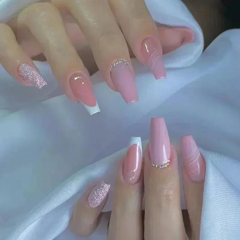 Faux Ongles Longs Bruns N64.Glitter Ballet Wearable, Design Français, Presse Complète sur Nail Ins, 