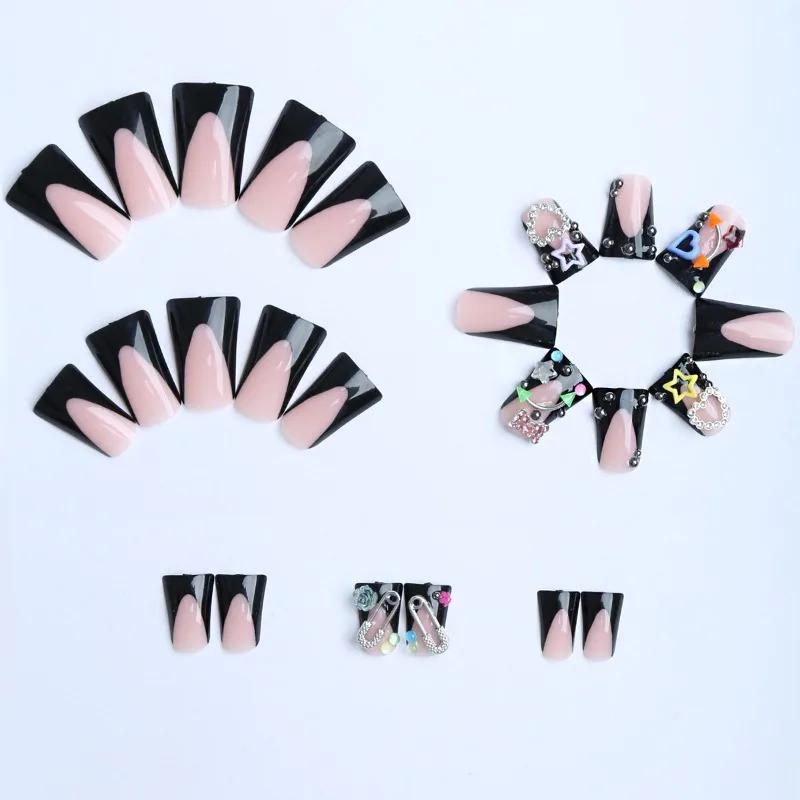 24 faux ongles Y2K en forme de bec de canard, avec cœurs et étoiles métalliques 3D et diamants, à pr