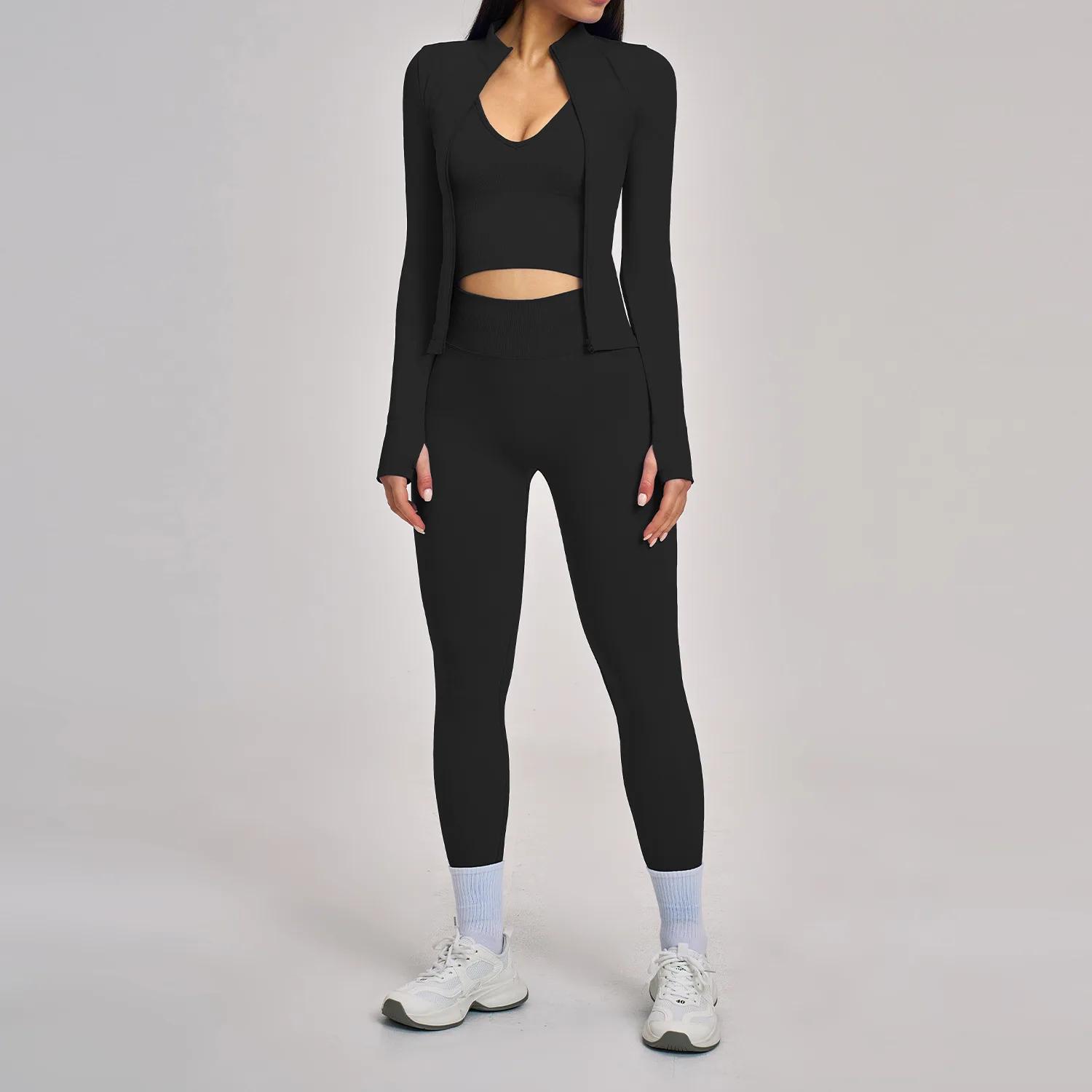 Ensemble de sport 3 pièces sans couture pour femme : survêtement de yoga, tenue de gym, course à pie