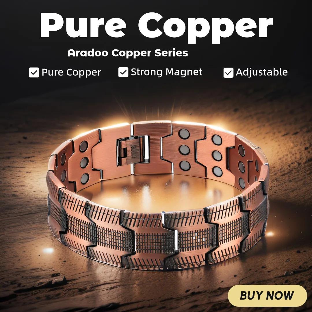 ARADOO Bracelet en cuivre pur pour hommes 3500 Gauss 3X Bracelets à maillons de thérapie magnétique 