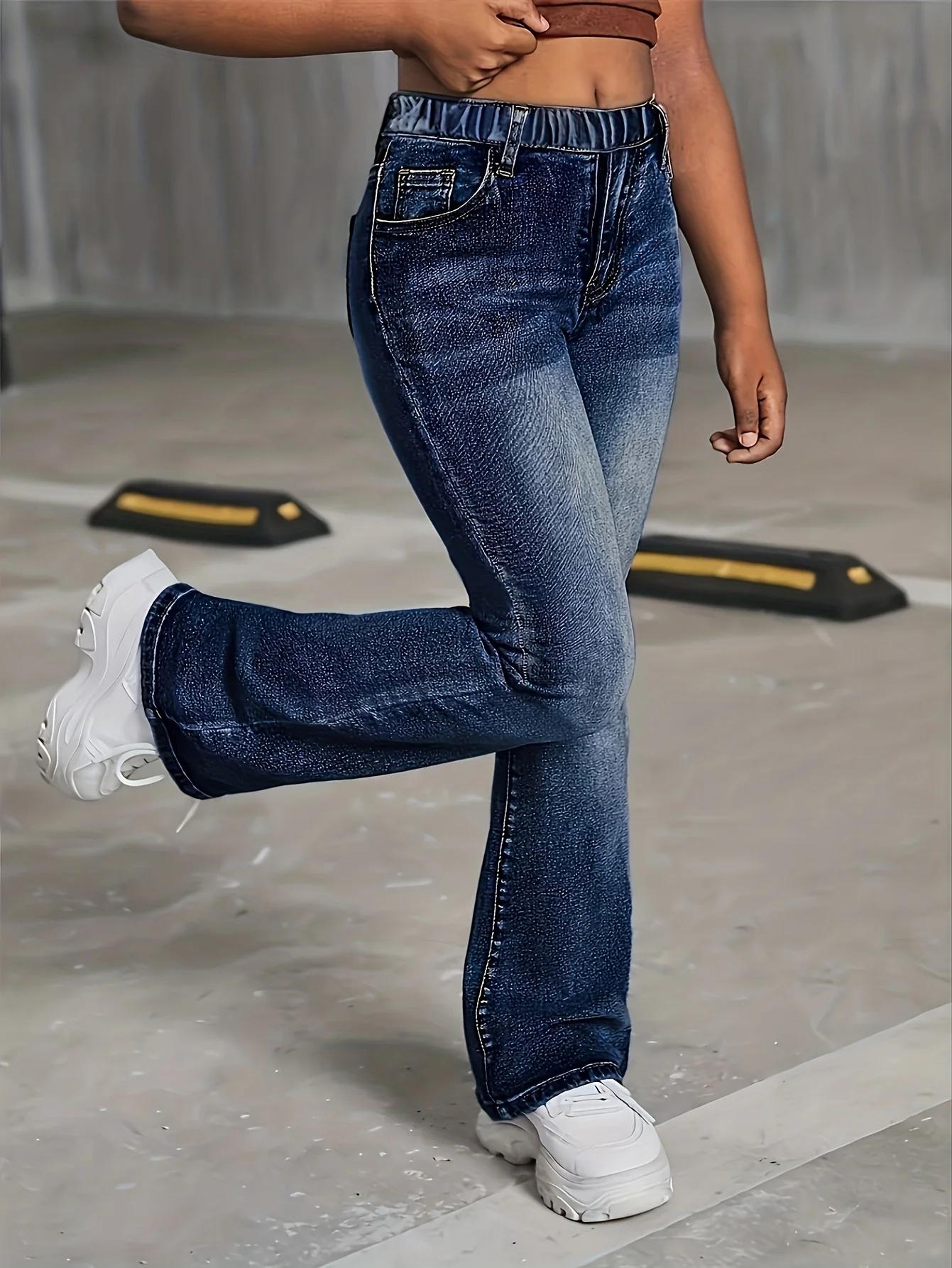 Jean à jambes larges de style scolaire pour filles, taille élastique et tissu confortable, adapté à 