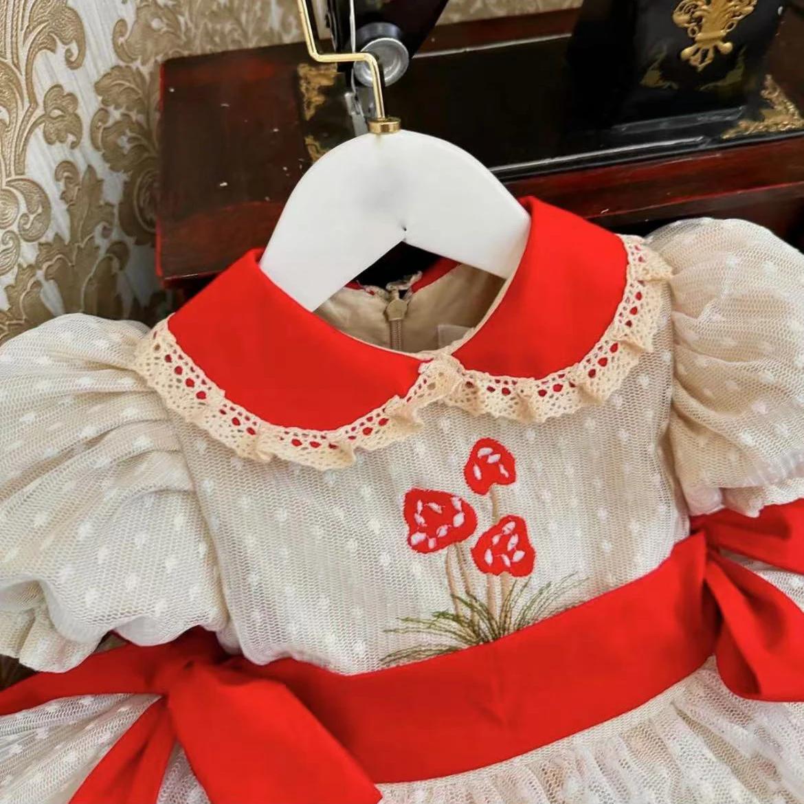Robe d'été rouge pour bébé fille de 0 à 12 ans, maille brodée à pois blancs, robe de princesse Vinta