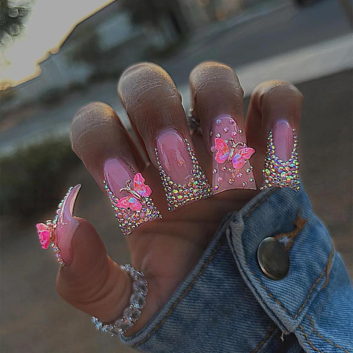 Faux ongles courts à rayures zébrées, 24 pièces, bec de canard français, à pression, Design d'arc po