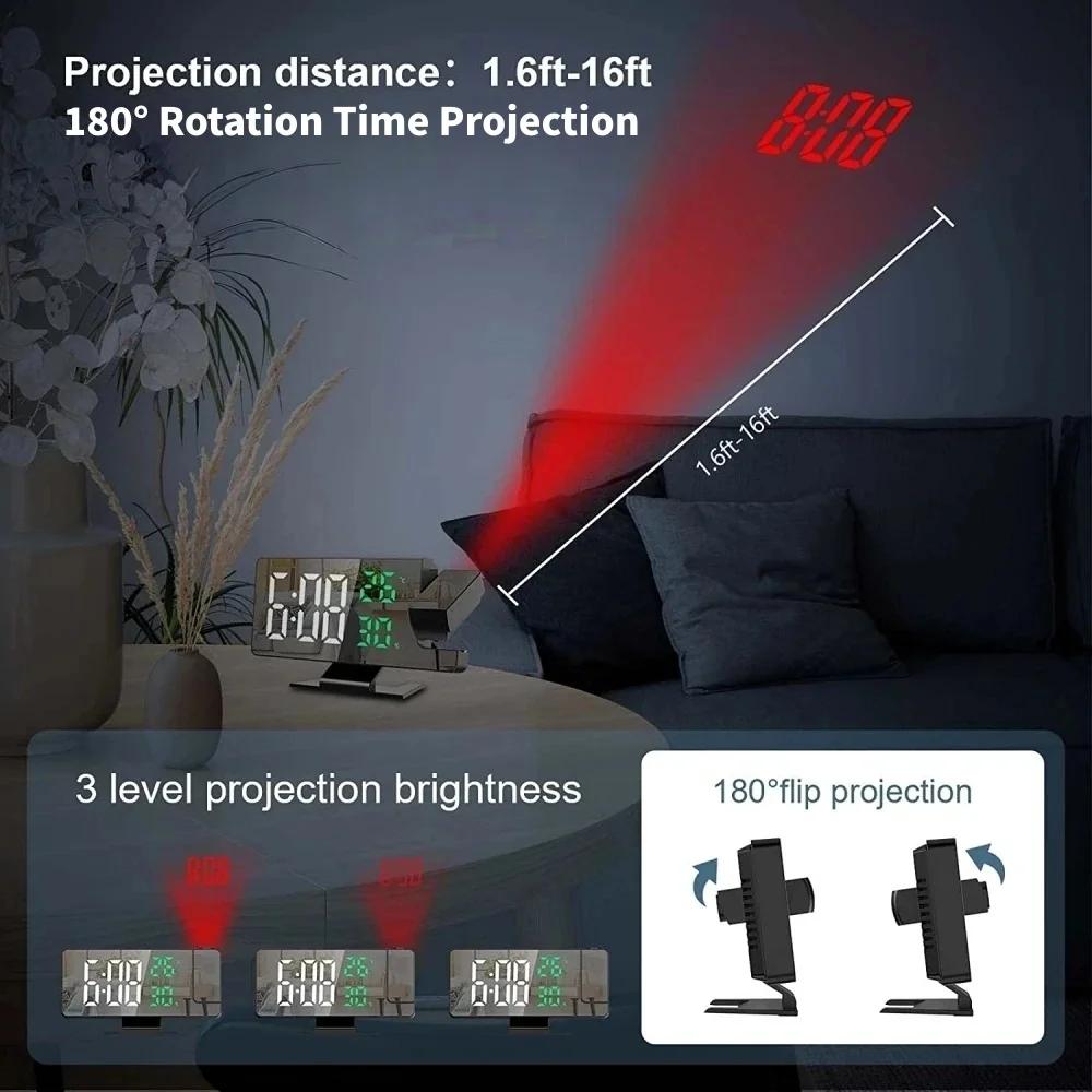 180 °   Réveil numérique à projection rotative, température, humidité, mode nuit, fonction snooze, 1