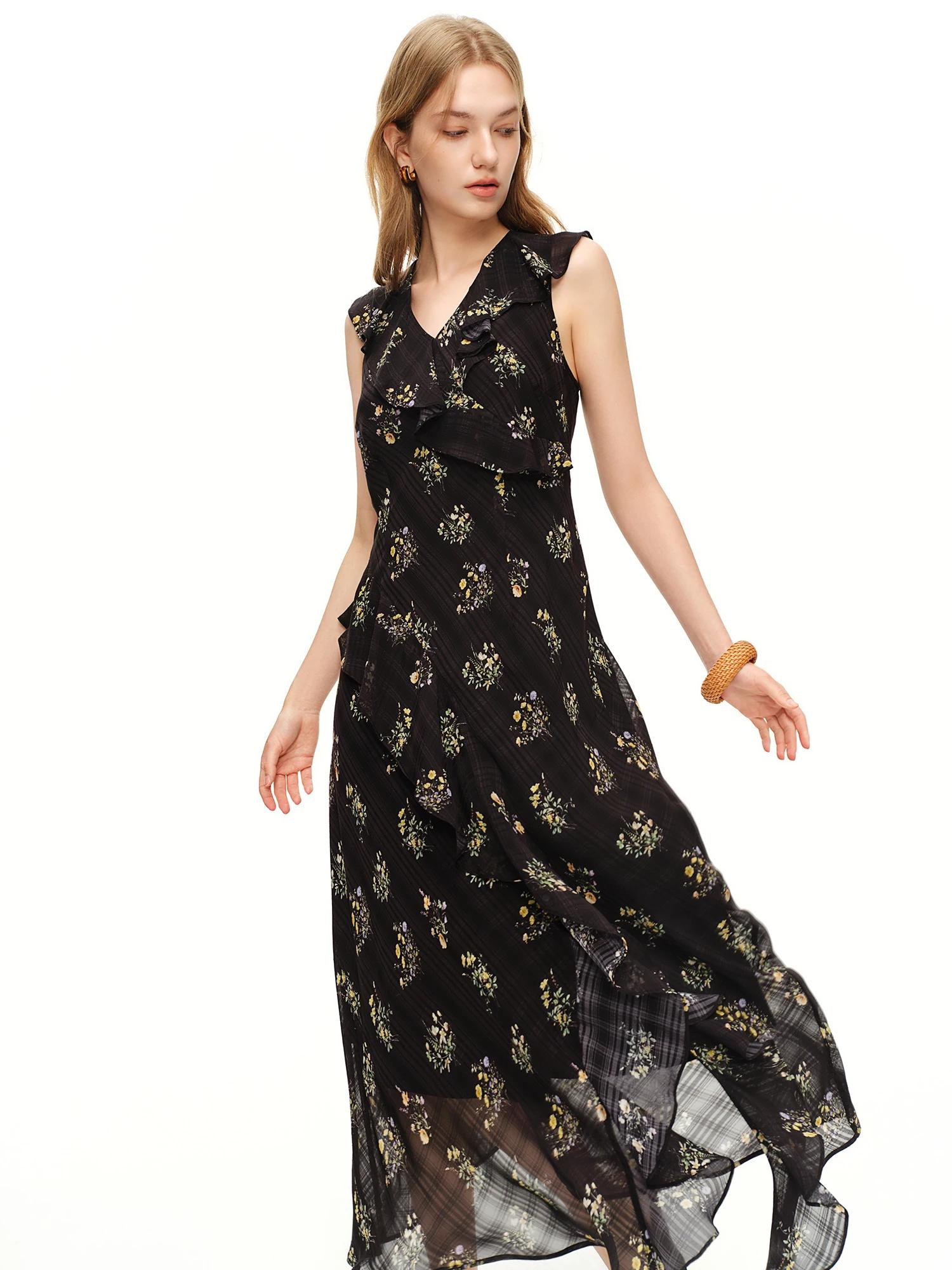 Robe florale à motif quadrillé subtil DUSHU 2026 pour femme avec volants - Style féminin et délicat 