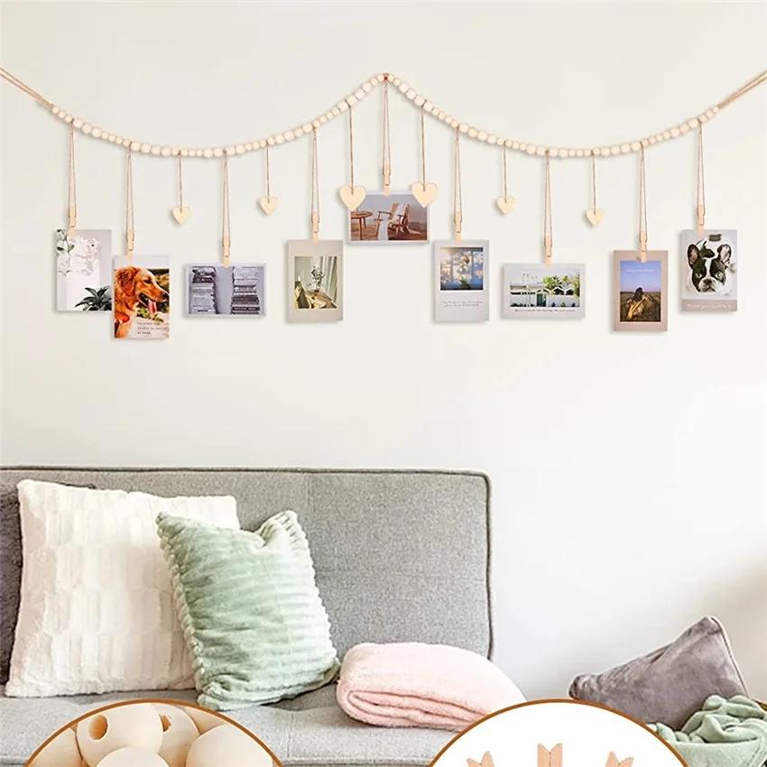 Présentoir de photos suspendu, guirlande de perles en bois, style Boho, tenture murale pour chambre 
