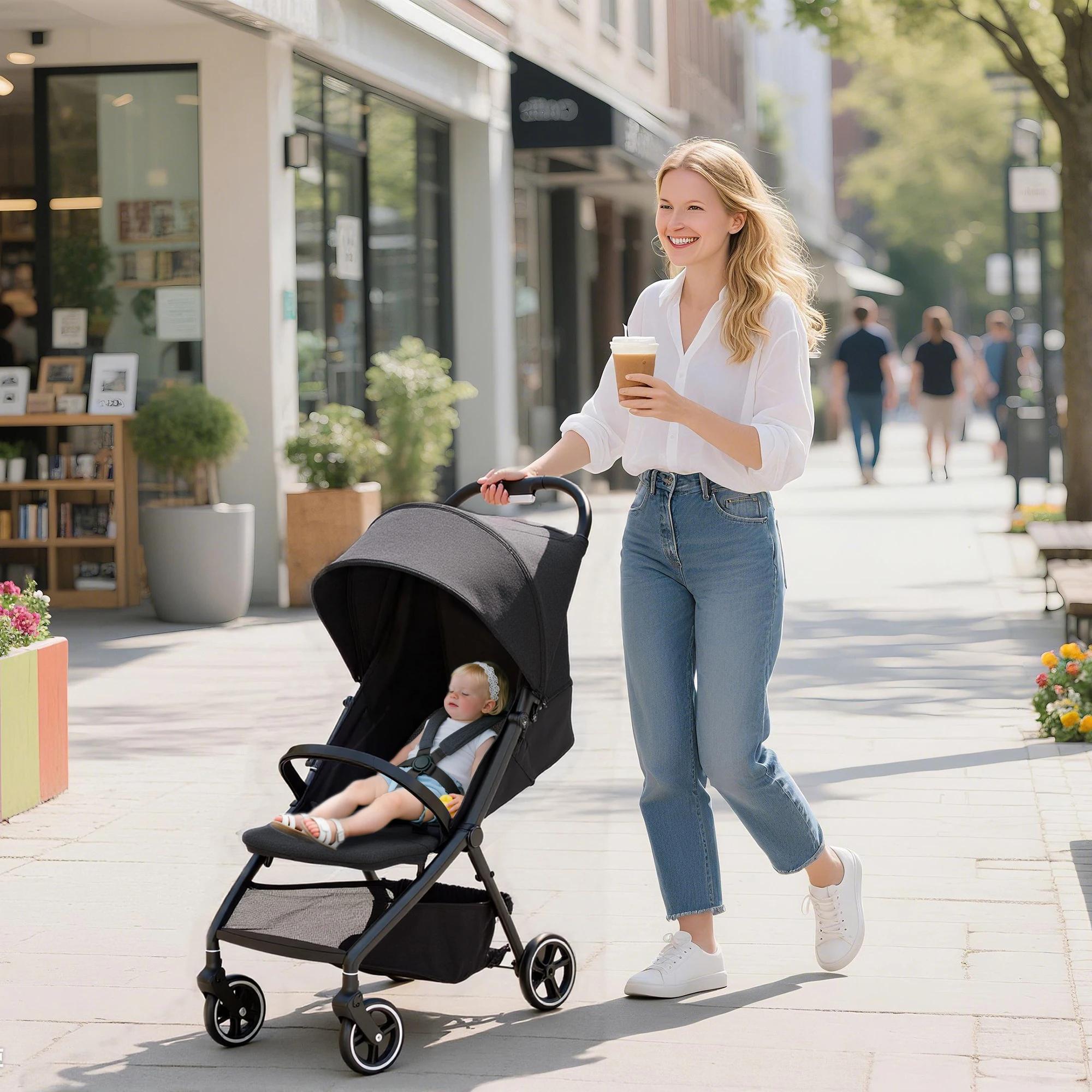 Poussette pliable pour bébé avec dossier inclinable, repose-pieds réglable, capote, panier, harnais,