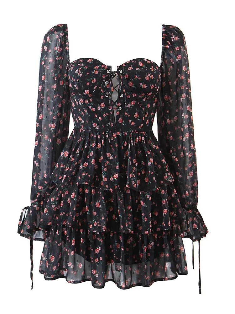 YENKYE automne mode femmes Vintage imprimé fleuri robe en mousseline de soie Sexy Semi-transparent à