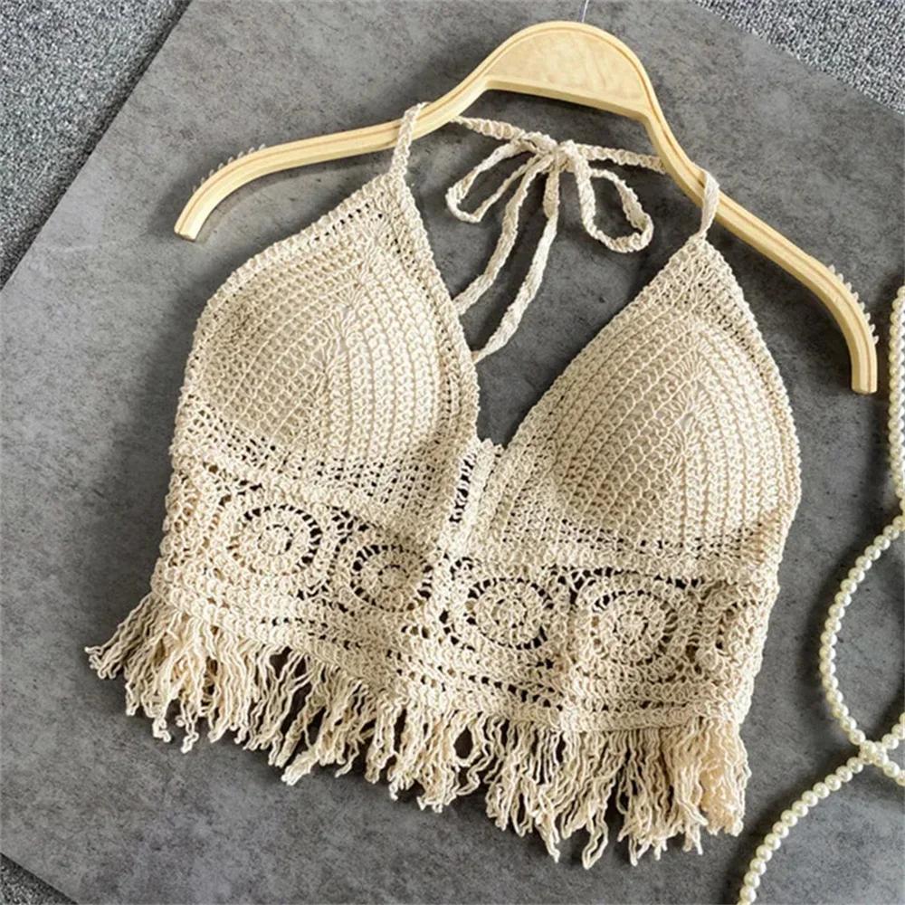 Femmes été plage Boho culture hauts Sexy Y2K tricoté dos nu évider débardeurs Crochet glands ourlet 