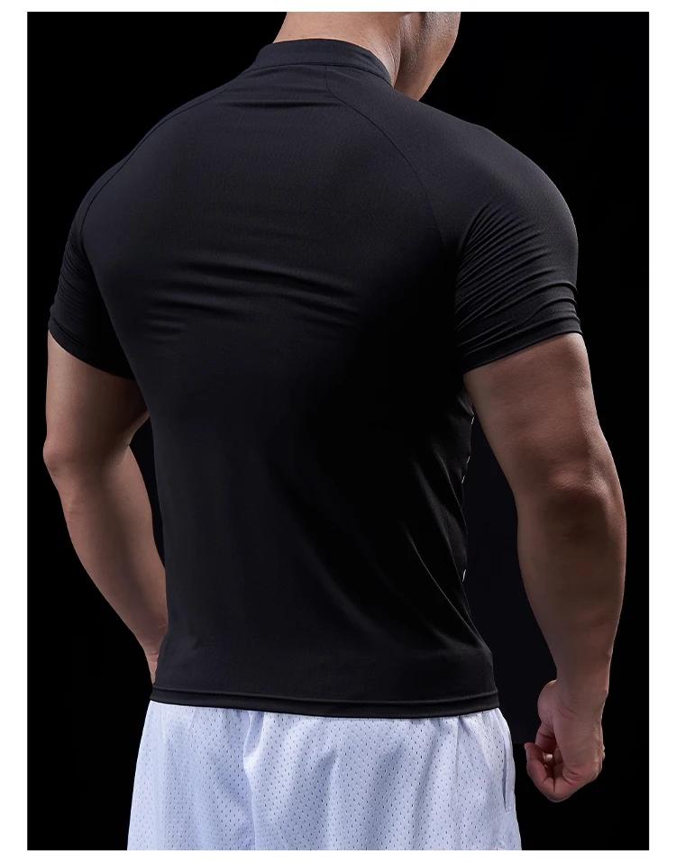 Hommes Compression course fermeture éclair polo t-shirt Fitness serré Sport t-shirt formation Joggin