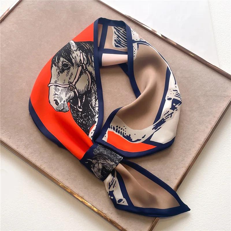 Marque de luxe imprimé cheval foulard maigre écharpe pour femmes Satin rubans de soie Bandana dames 