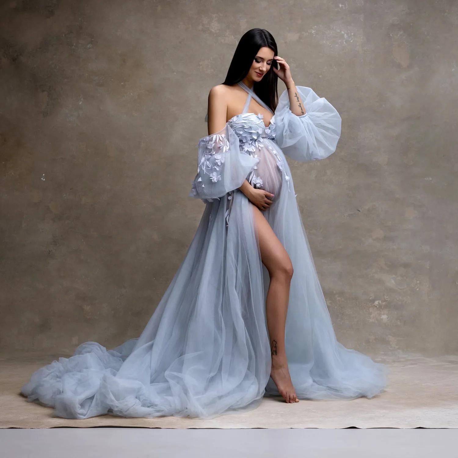 Fairy Blue Floral Matenity Dress Photoshoot Off Shoulder Illusion Soft Tulle Slit Maternity Dresses 