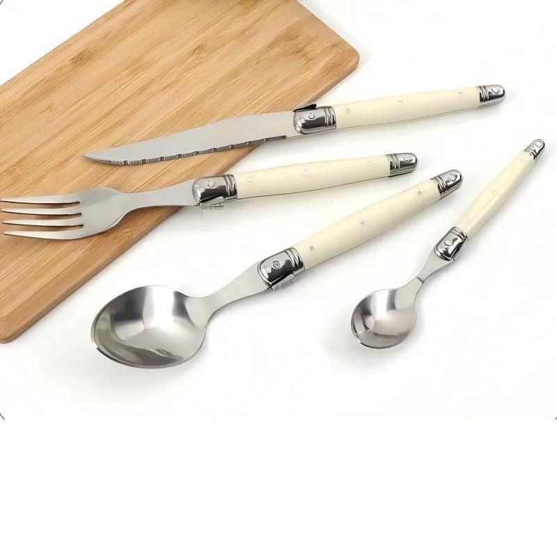 Laguiole Blanc Ivoire Argenterie Acier Inoxydable, Steak Opaque, Fourcommuniste De Table, Cuillères 