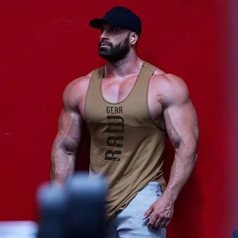 Nouveaux hommes coton débardeurs gym fitness muscle chemise sans manches mâle impression maillot de 