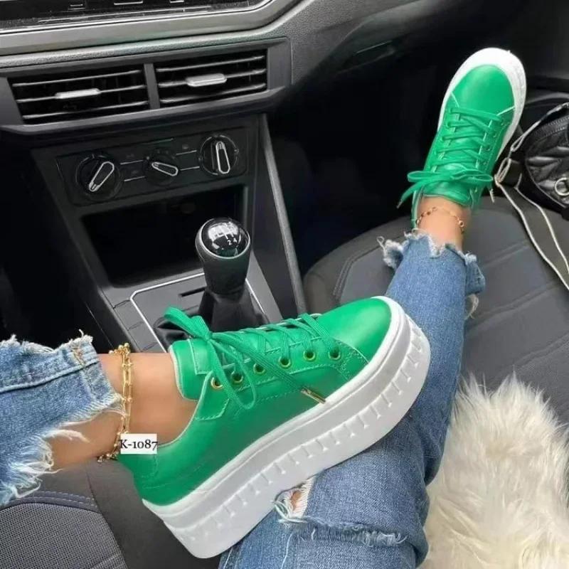 Baskets légères à plateforme en cuir PU pour femmes, chaussures de sport à tête ronde, à lacets, vul