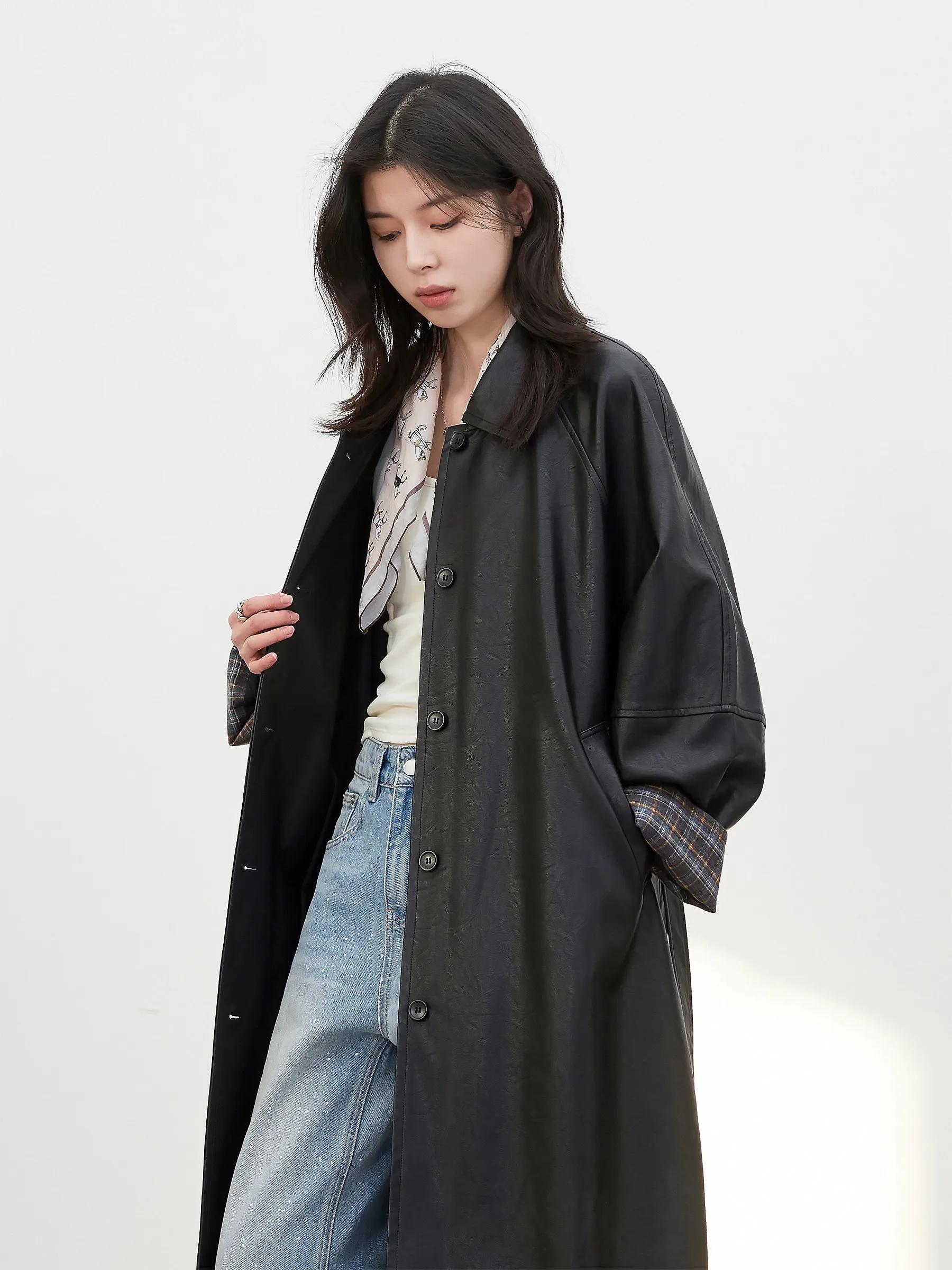 Manteau long en PU pour femme CHIC VEN, nouveau modèle décontracté avec ceinture, en similicuir, cou