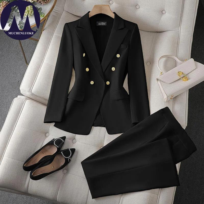 Ensemble deux pièces pour femmes, mode coréenne, blazer à manches longues et pantalon large, tenue d