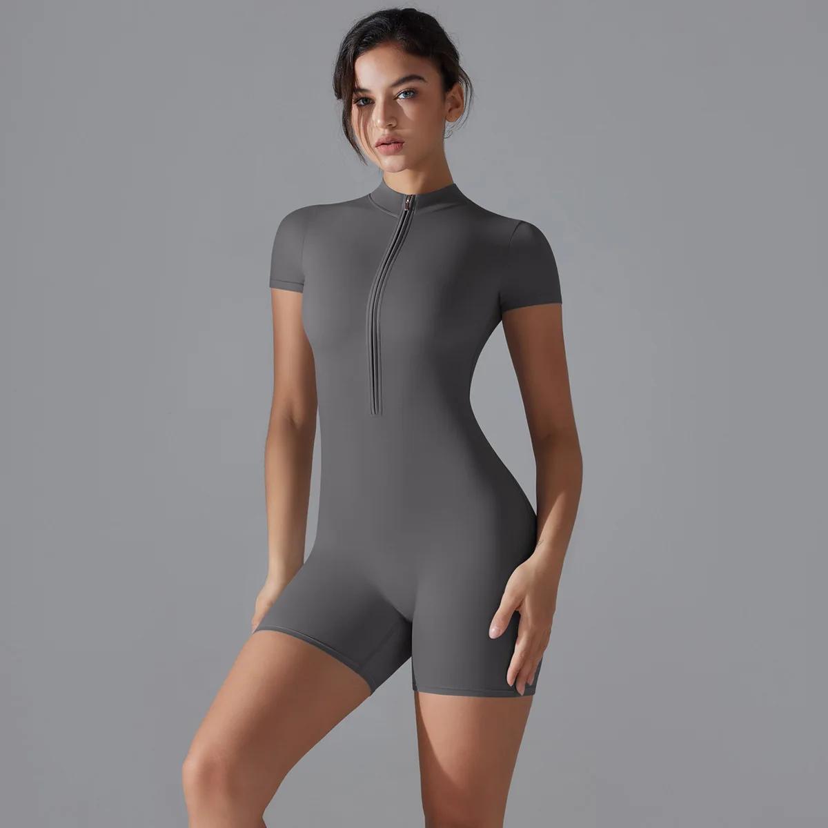 Combinaison de fitness Ningyu pour femme, combinaison de yoga une pièce couleur chair avec col monta