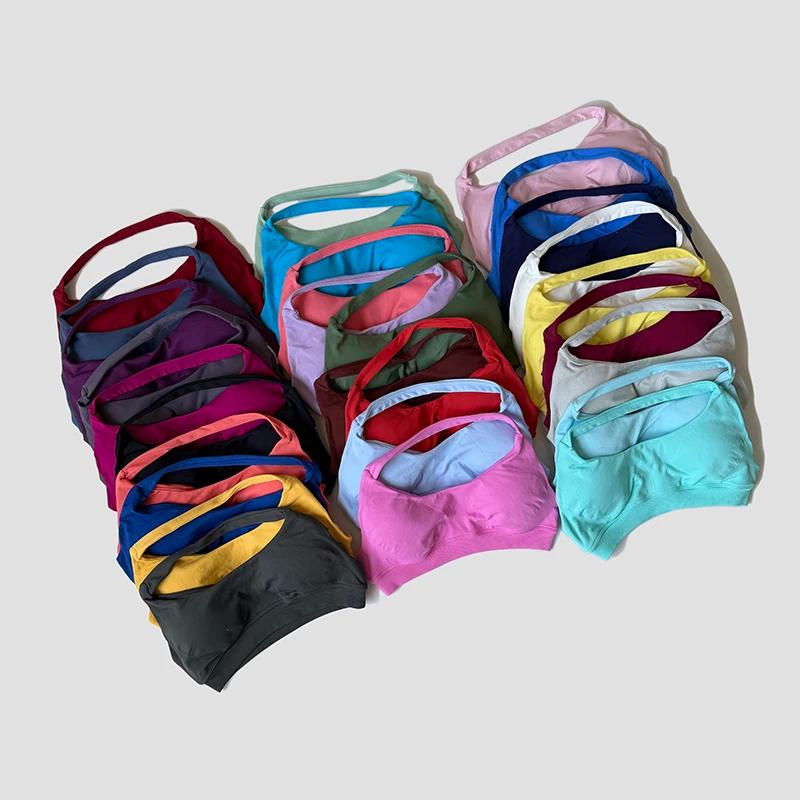 Soutien-gorge de sport sans couture pour femmes, bretelles au cou, dos nu, rembourré, haut de Yoga, 