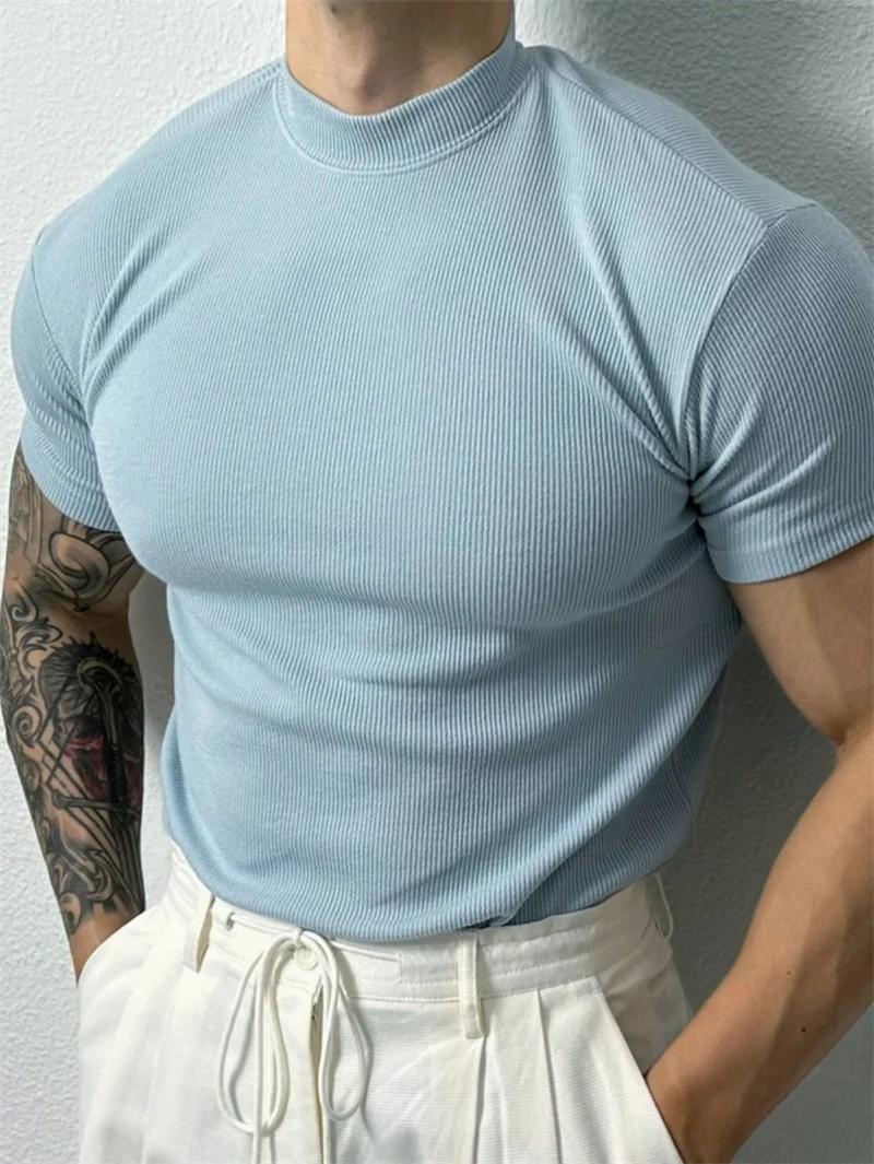 Printemps été mode hommes T-shirt petit col haut chemise à rayures à manches courtes haut de fitness