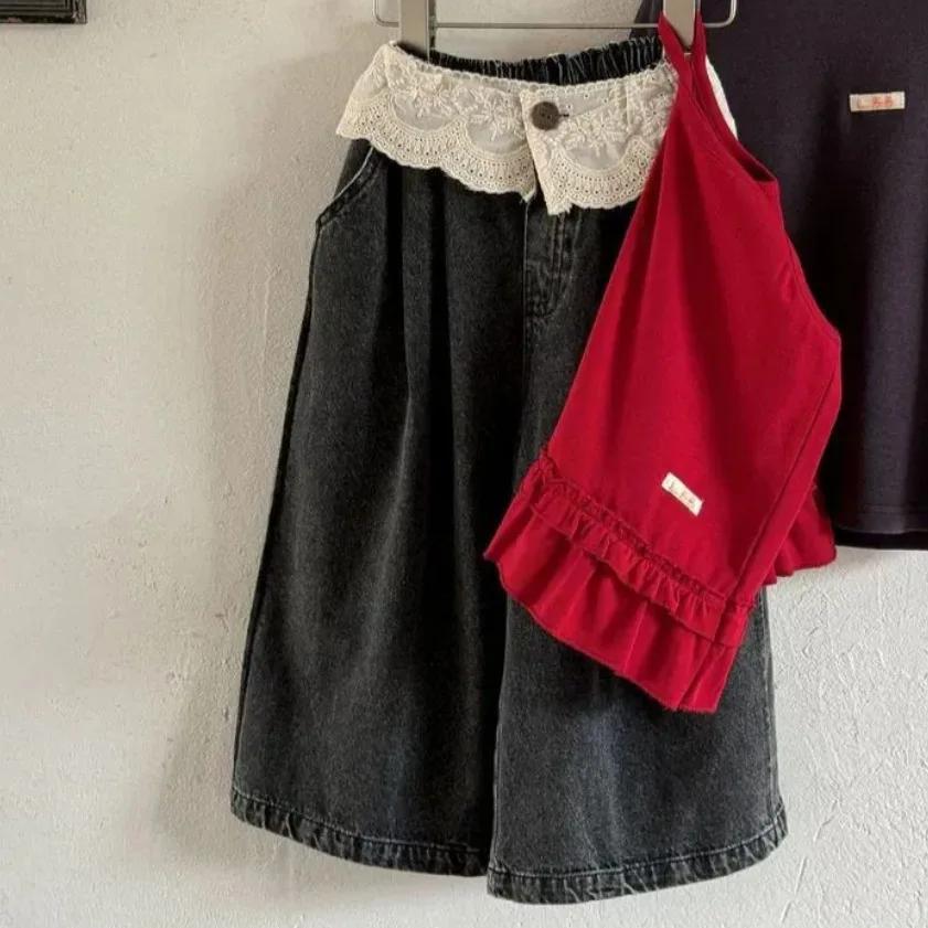 UNITIM Jeans amples en denim pour filles de 2 à 8 ans, avec patchwork en dentelle, pantalon droit dé