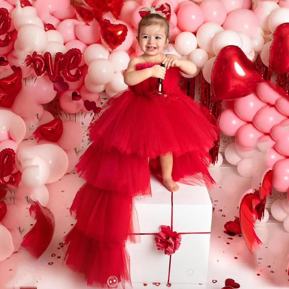 Robe à fleurs bouffante rouge en Tulle pour filles, robes de fête de première Communion pour enfants