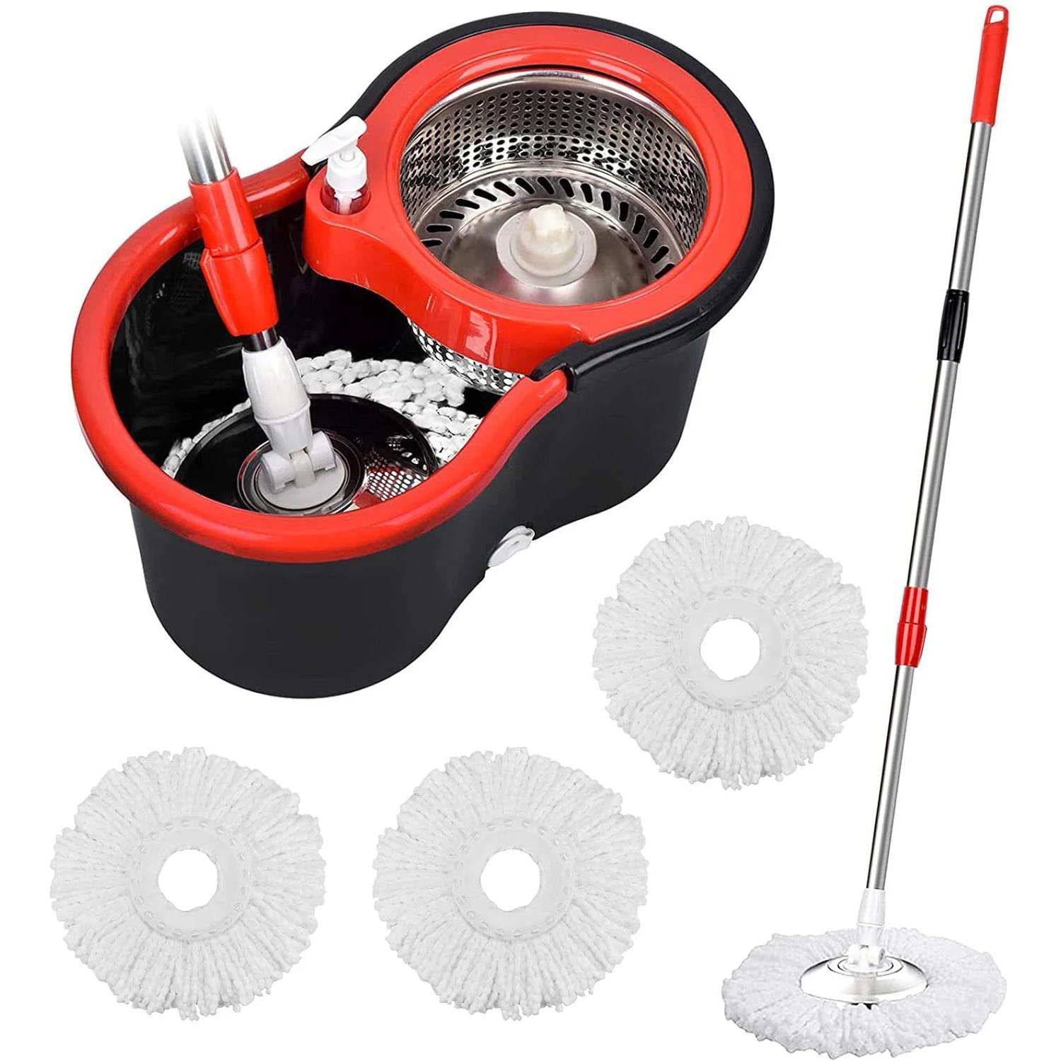 360 °   Ensembles de seaux à vadrouille rotative avec système d'essorage dans 3 têtes en microfibre,