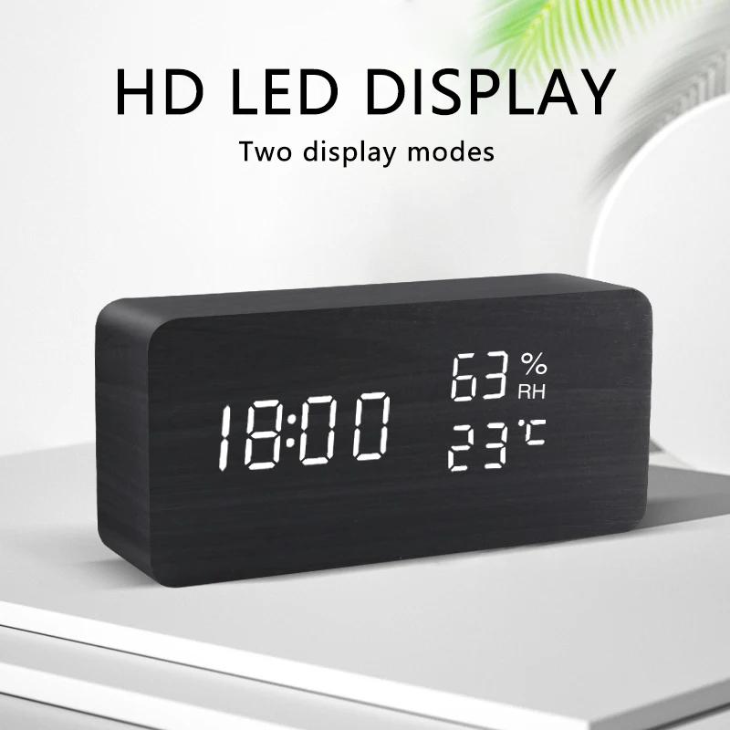 Réveil LED en bois, commande vocale, horloge de bureau électronique, alimenté par USB/AAA