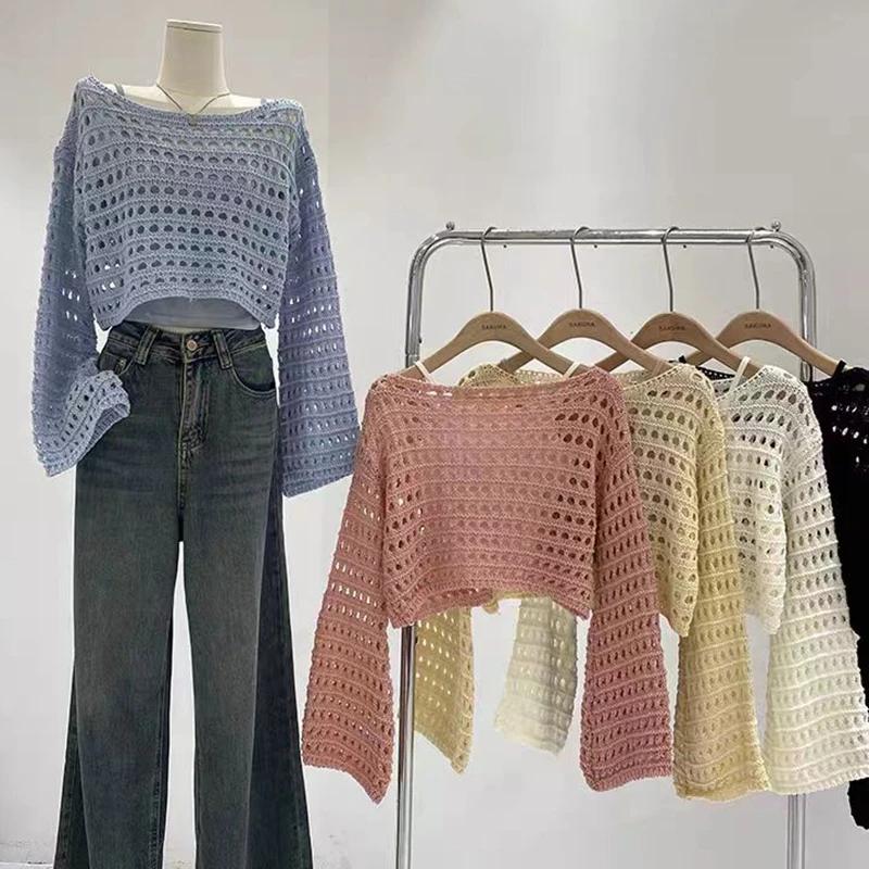 Haut en tricot au Crochet à manches longues pour femmes, Cover-Up pour Bikini de plage, pull court e