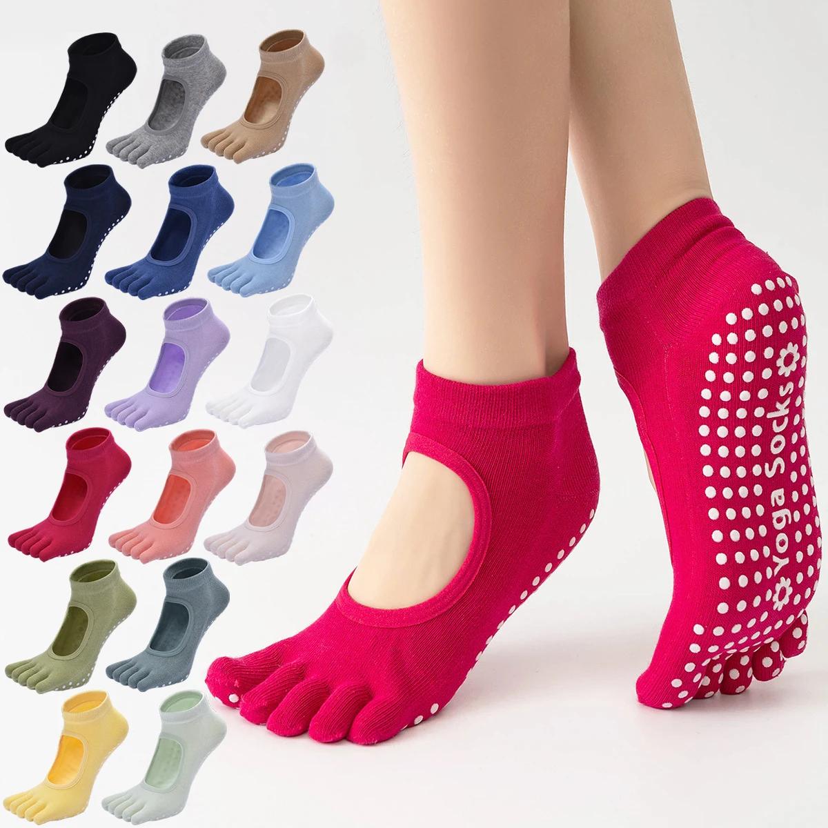 Chaussettes de Yoga dos nu à cinq orteils pour femmes, en coton, antidérapantes, pour Fitness, Pilat