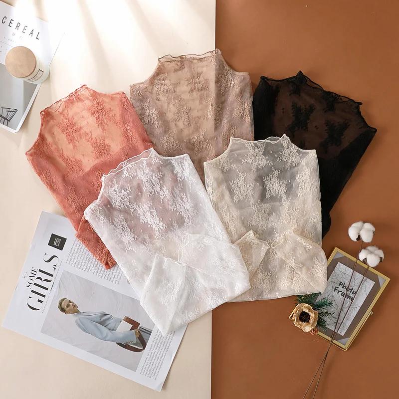 T-Shirts en maille pour femmes, chemisier en dentelle transparente, manches longues, hauts transpare