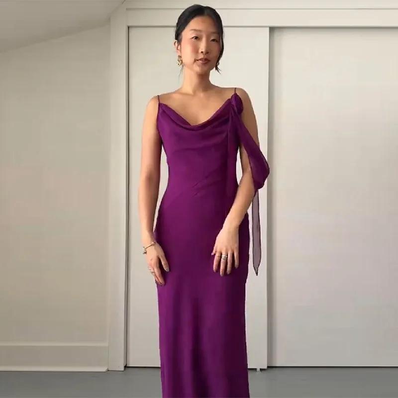 Robe longue en mousseline violette pour femme, collection été 2026, avec bretelles spaghetti, col dr