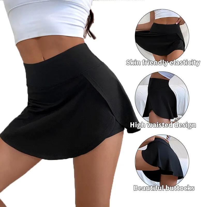 Jupe-culotte sport femme taille haute - Jupe yoga fitness anti-transparence pour course et tennis