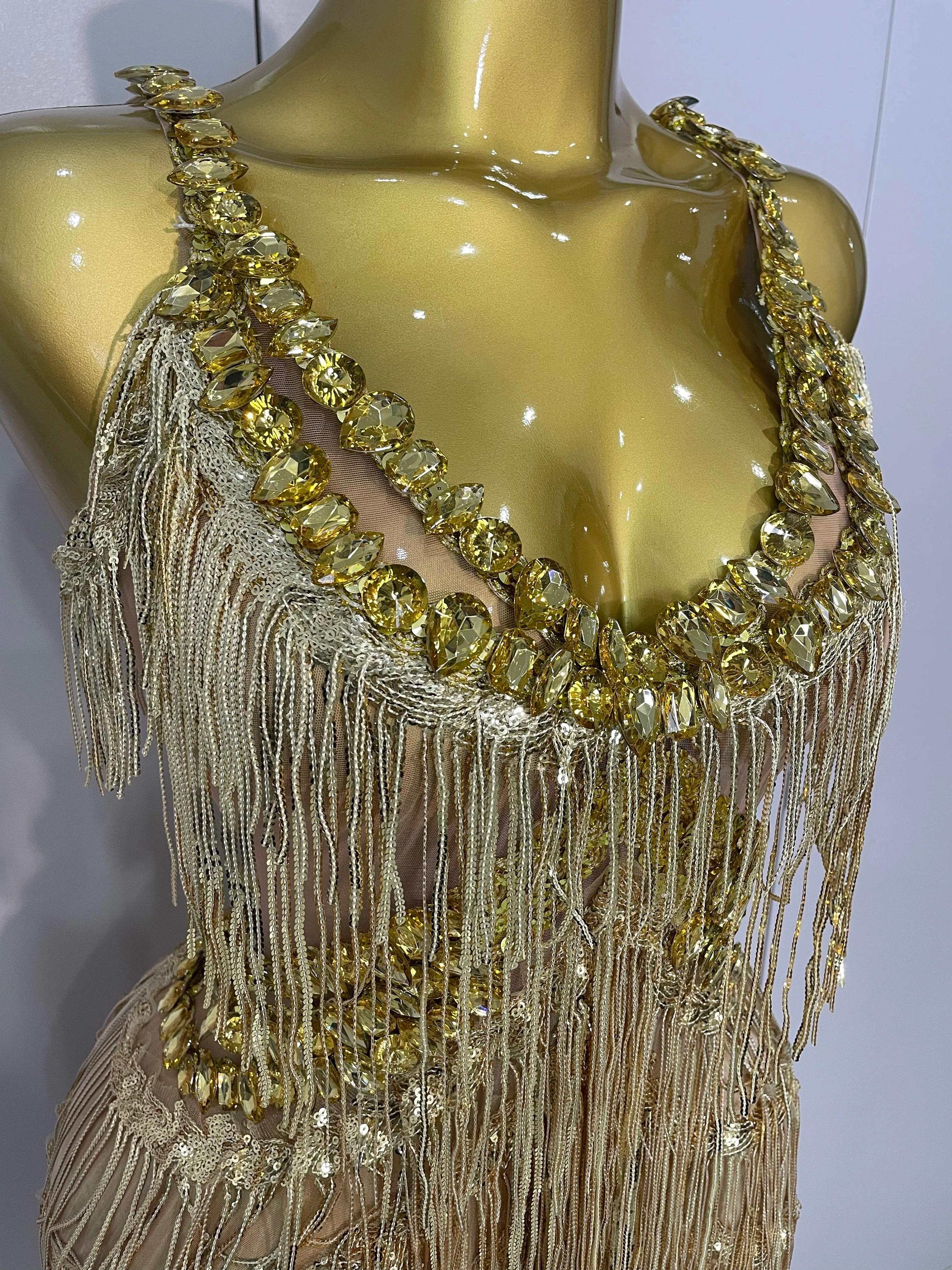 Combinaison à jambes larges pour femmes, strass dorés brillants, franges pailletées, tenue de soirée