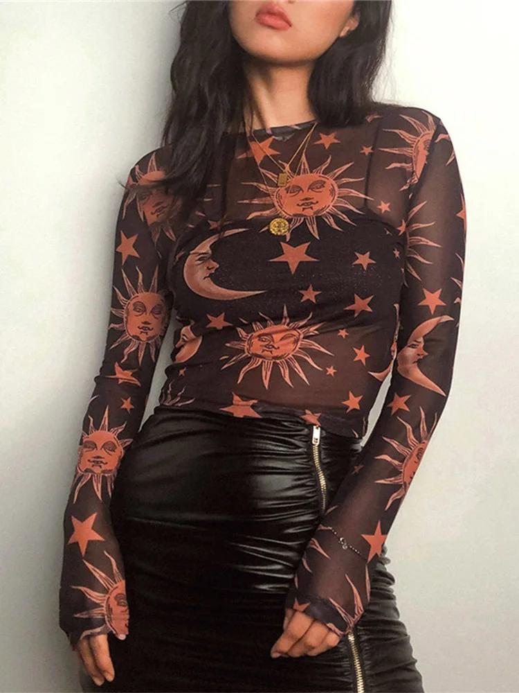 T-Shirt manches longues col rond femme, estival et Sexy, en maille transparente, imprimé soleil et l