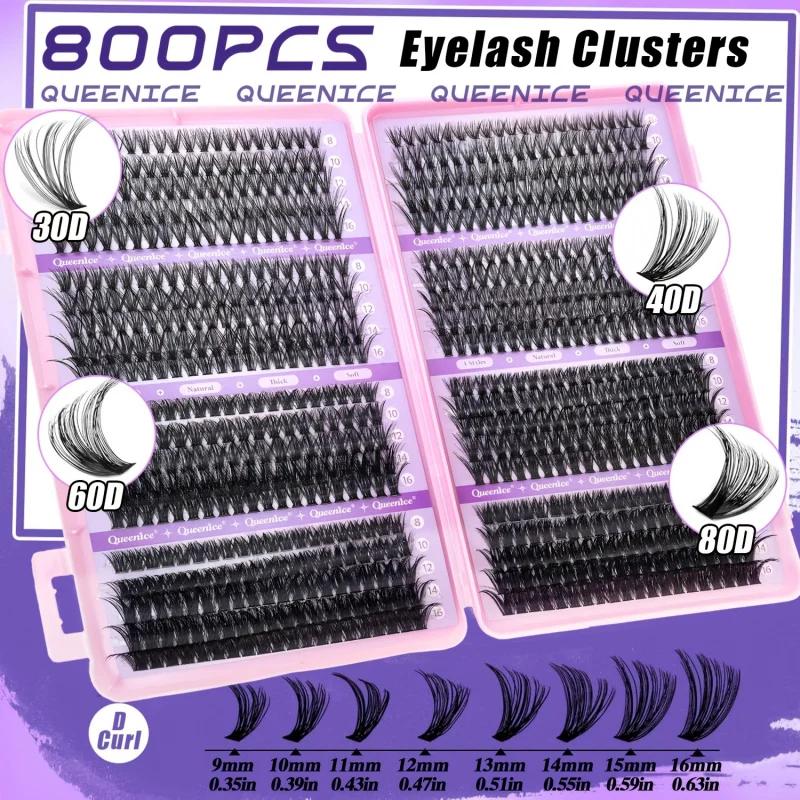 QUEENICE 800 pièces de faux cils en grappe de longueur mixte |   Léger, doux, facile à appliquer, De