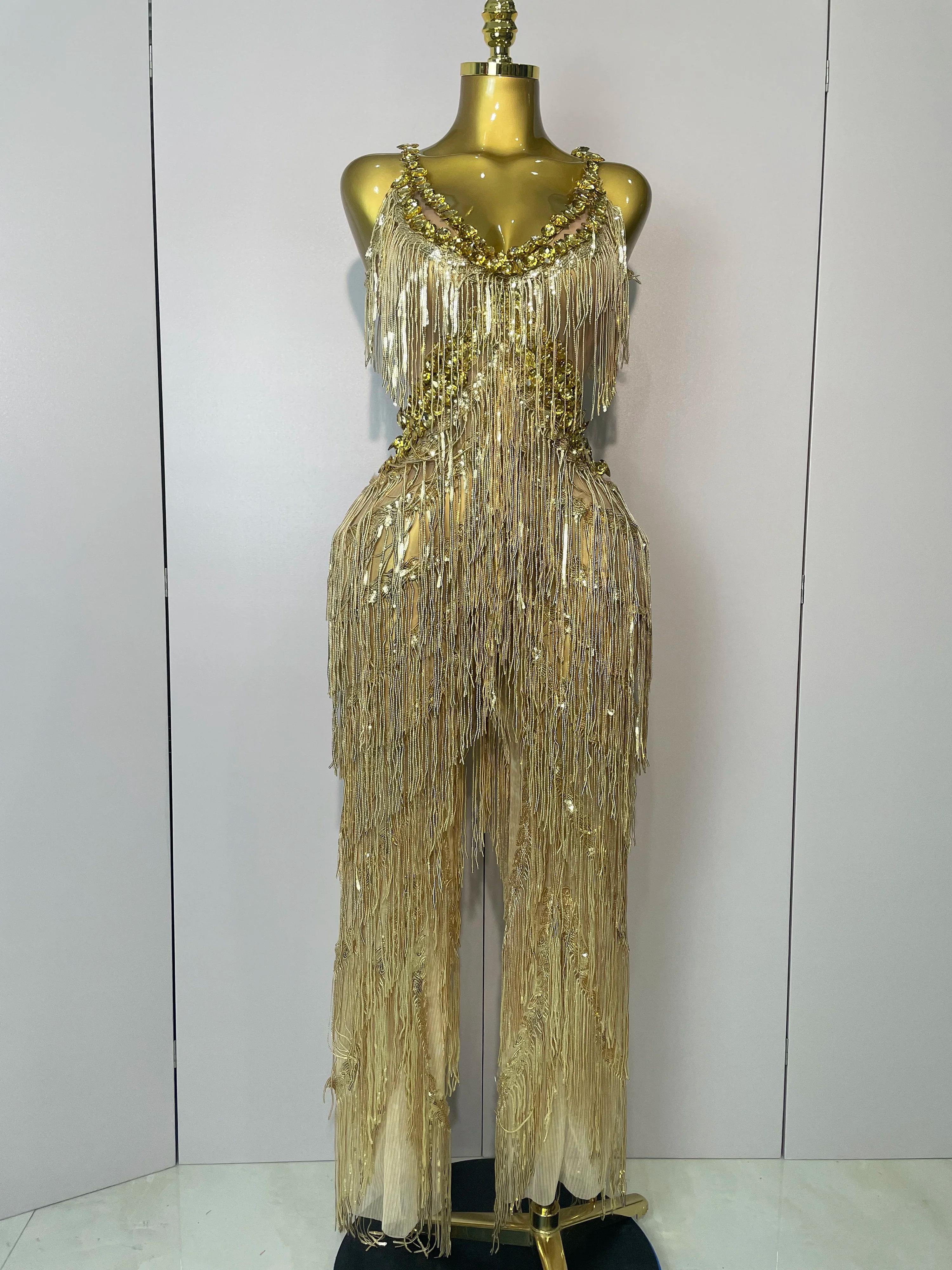 Combinaison à jambes larges pour femmes, strass dorés brillants, franges pailletées, tenue de soirée