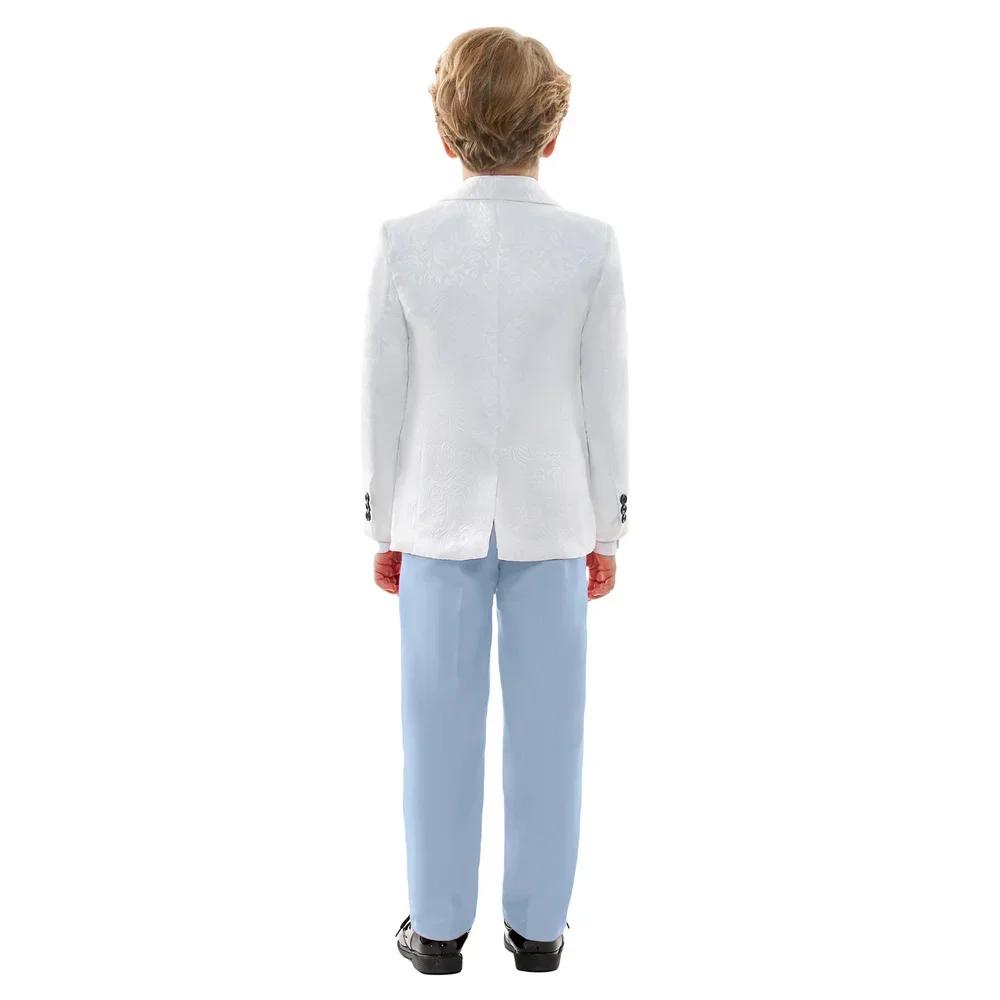 Costume formel classique 4 pièces pour garçons, blanc et bleu ciel contrasté, blazer, gilet et panta