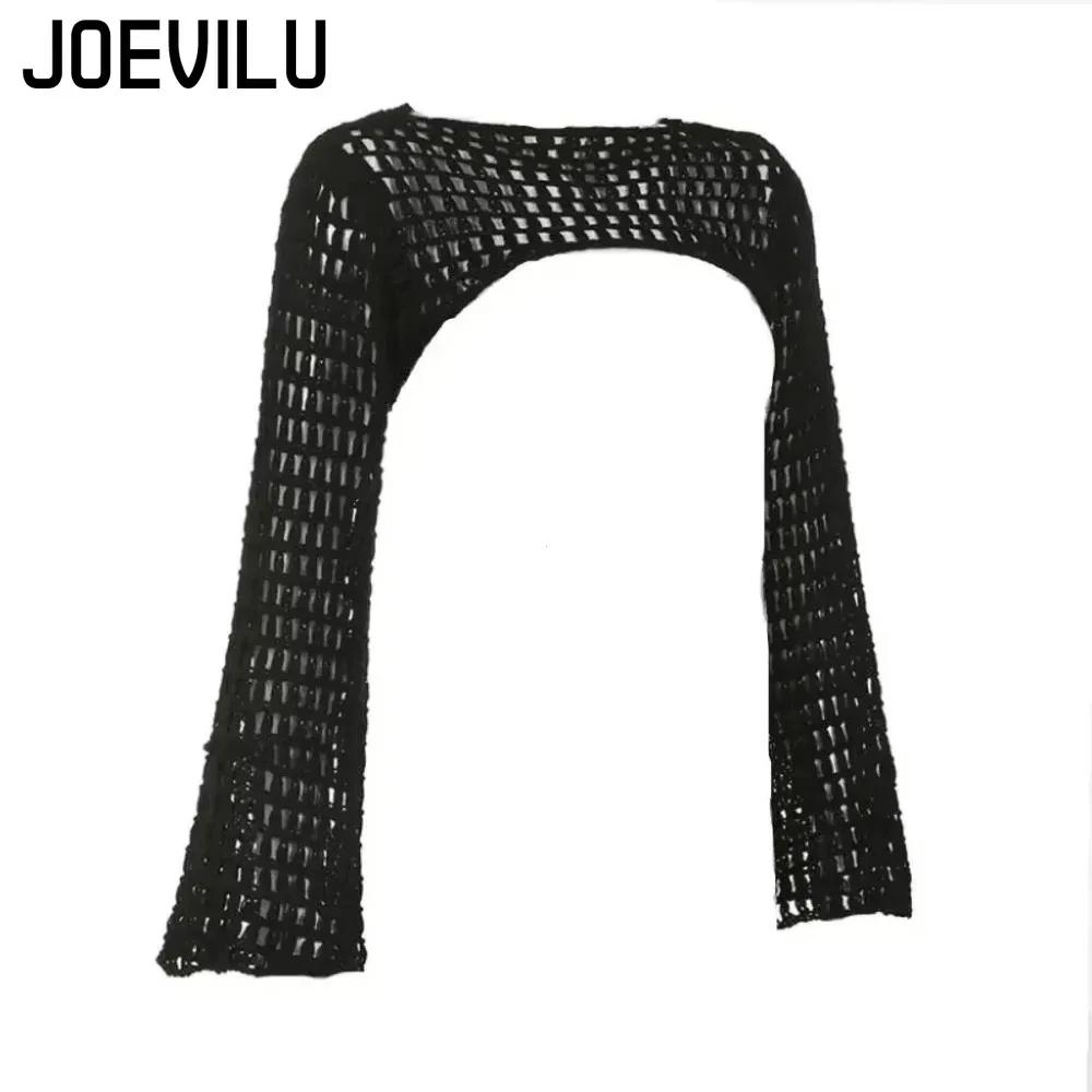 Haut court ajouré en tricot au Crochet pour femmes, chemisier Sexy Y2k, chemises à manches longues é