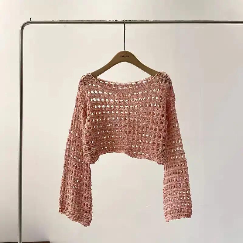 Haut en tricot au Crochet à manches longues pour femmes, Cover-Up pour Bikini de plage, pull court e