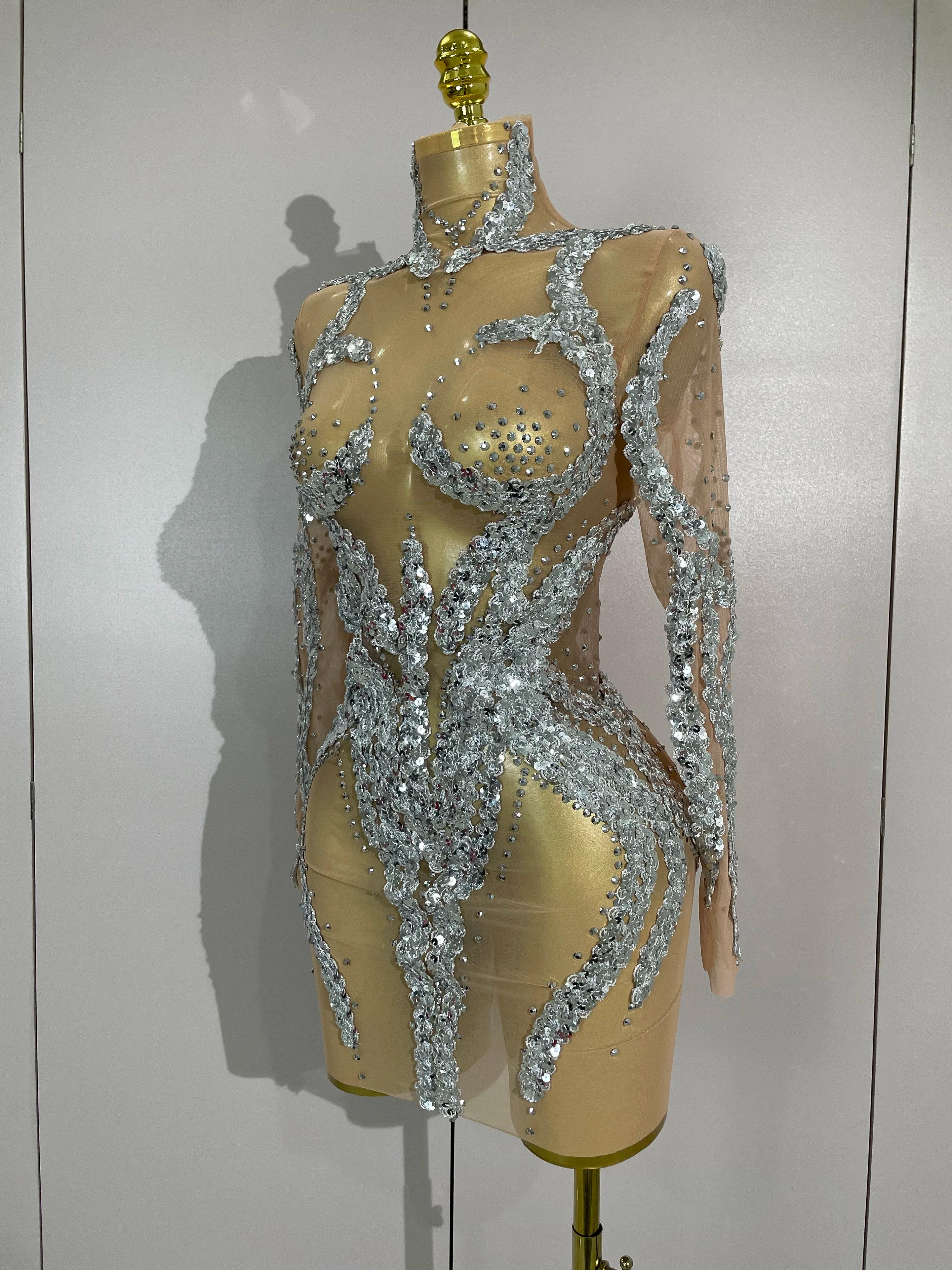STOCK strass scintillants Sexy maille transparente Mini robe réveillon fête d'anniversaire danse dis