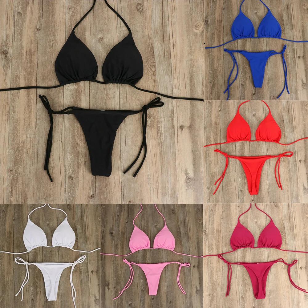Femmes string Bikini ensemble côté cravate Sexy maillot de bain Style bandeau maillot de bain brésil