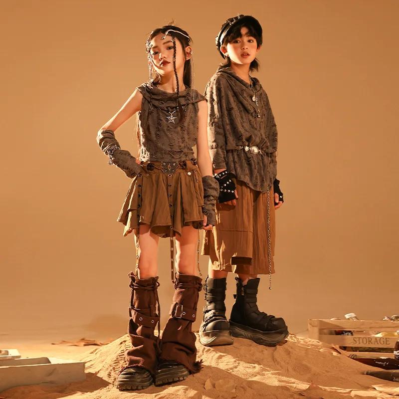 Ensemble t-shirt et jupe déchirés gothiques pour enfants, Streetwear pour adolescents, Wasteland Pun
