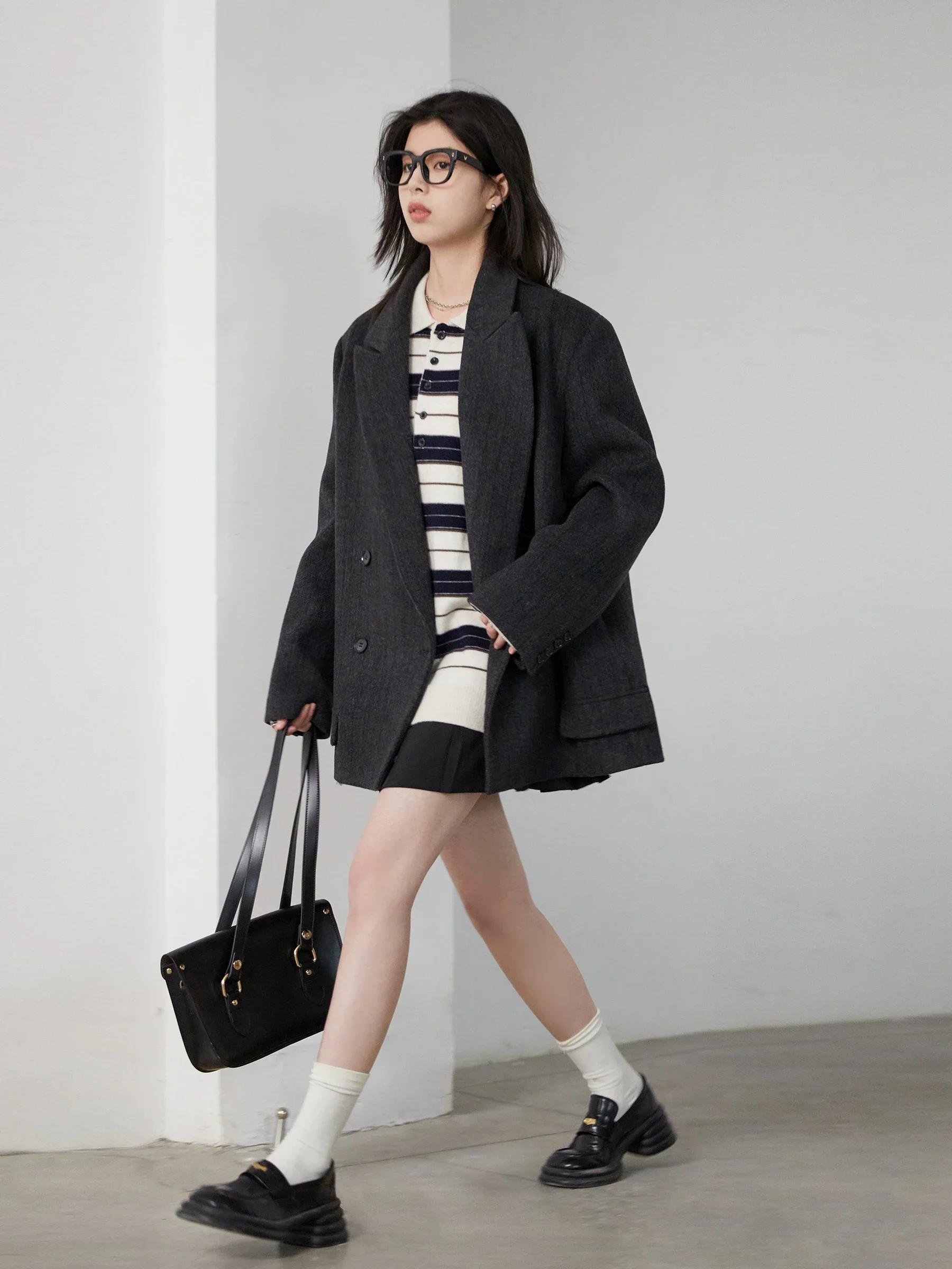CHIC VEN-Blazer en laine vintage pour femme, veste à col en V, double boutonnage imbibé, manteau de 